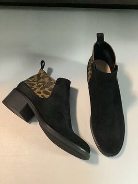 Clarks Black Suede Ankle Boots with Leopard Accent